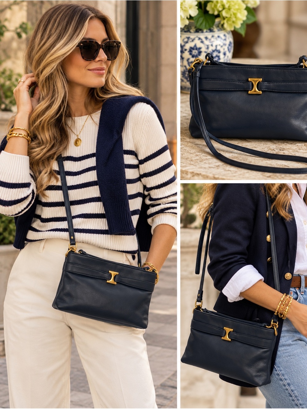 Amanda Smith Small Navy Blue Minimalist Leather Crossbody with Gold Hardware